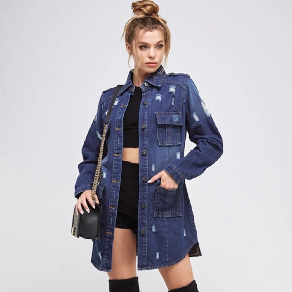 Distressed Denim Long Jacket - Picture 3 of 5